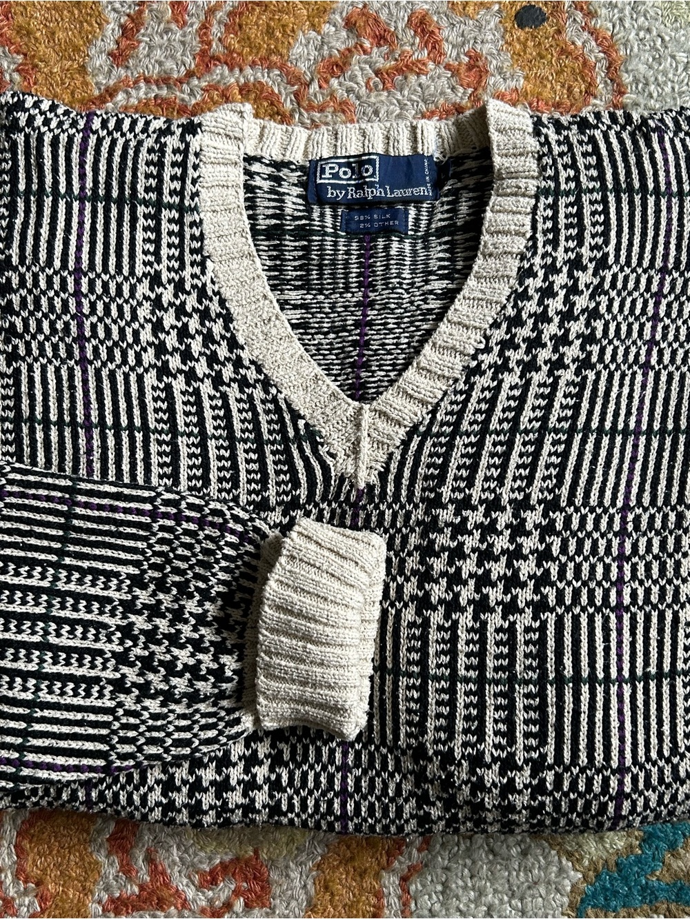 Vintage 90s Polo Ralph Lauren Silk V Neck Black Glen Plaid Sweater Men’s Size L - Picture 2 of 8
